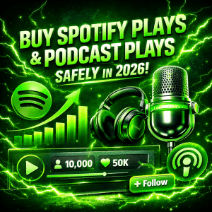 Neon green lightning graphic showing Spotify plays growth, podcast promotion, and music streaming analytics dashboard